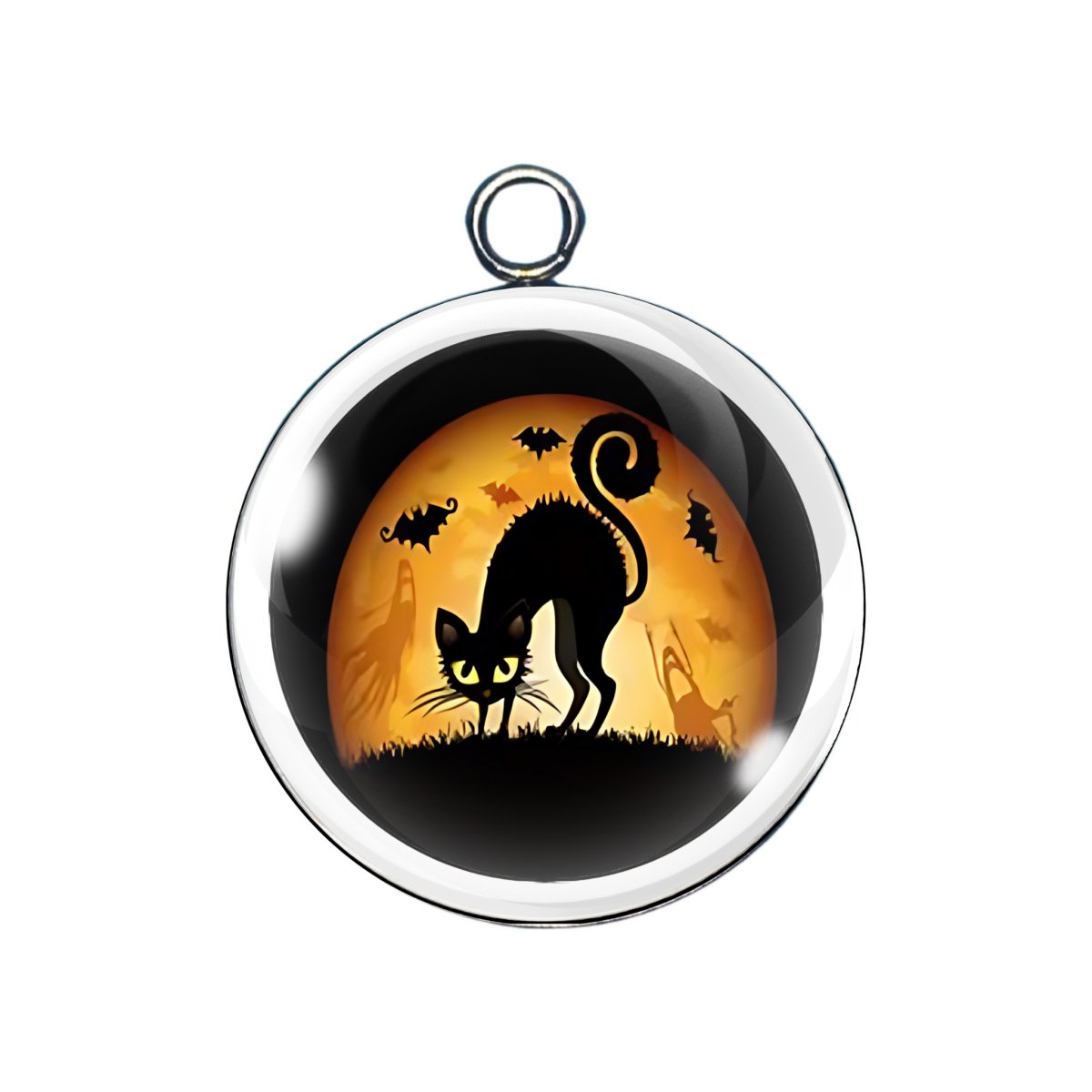 Curled-back black cat with bats charm