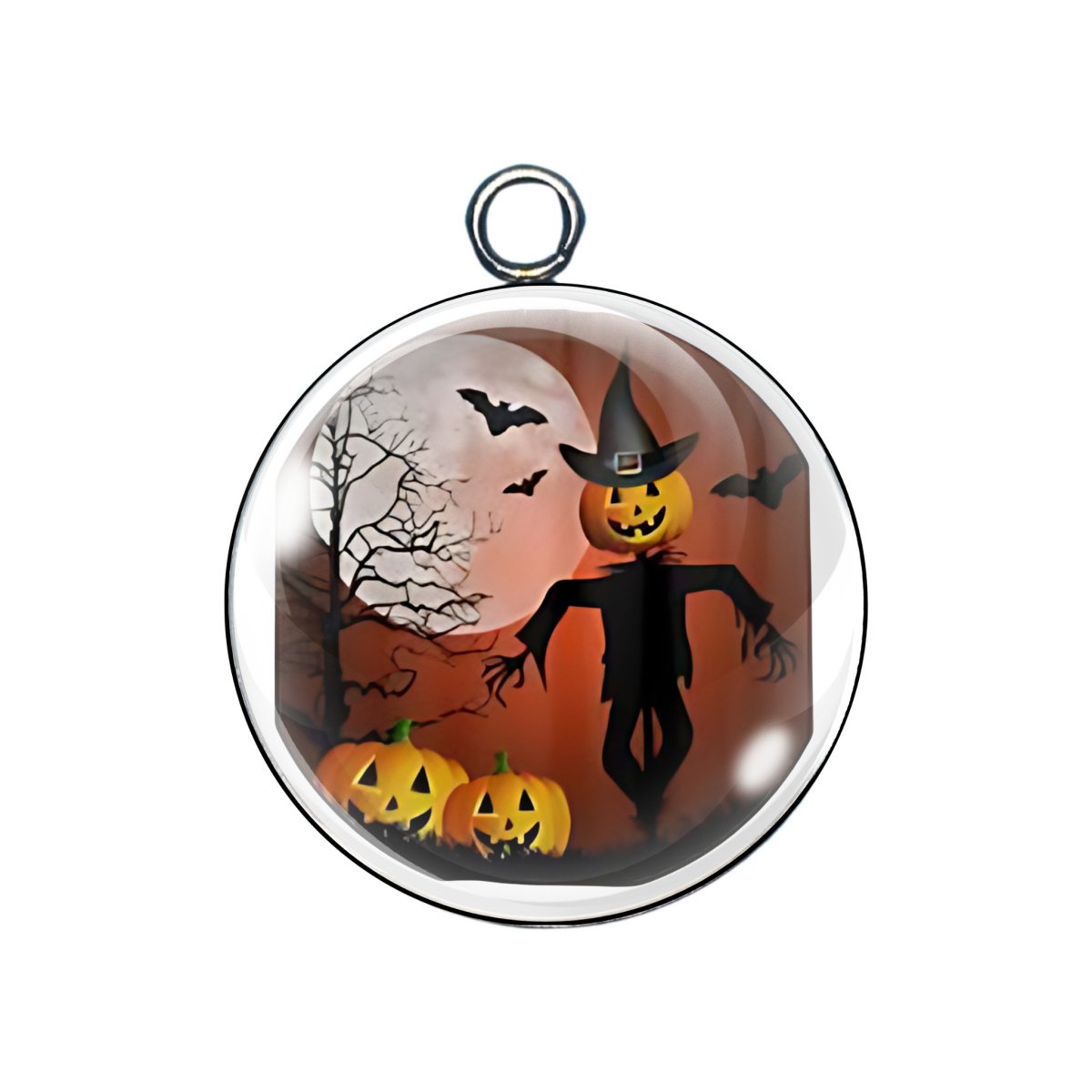 Pumpkin-head scarecrow charm in eerie woods