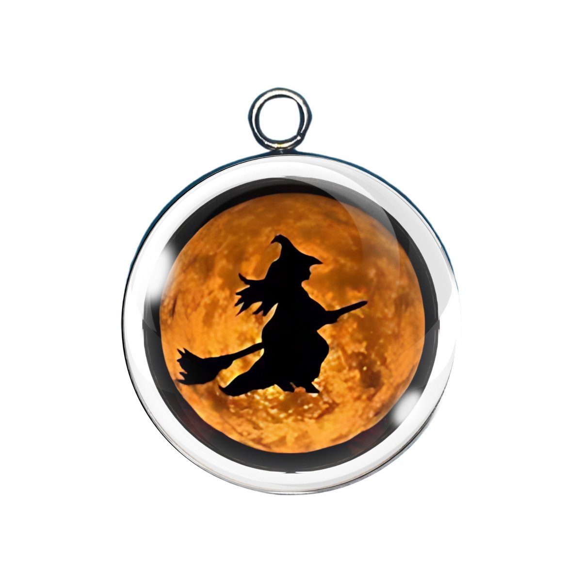 Witch on broomstick charm flying across orange moon