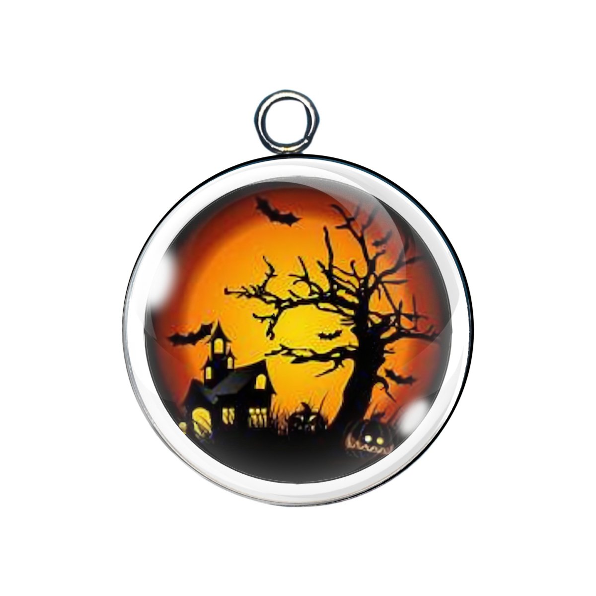 Haunted house and leafless tree charm under full moon sky