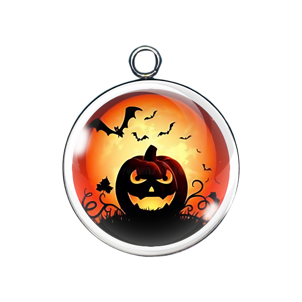 Jack-o'-lantern charm with bats and orange sky