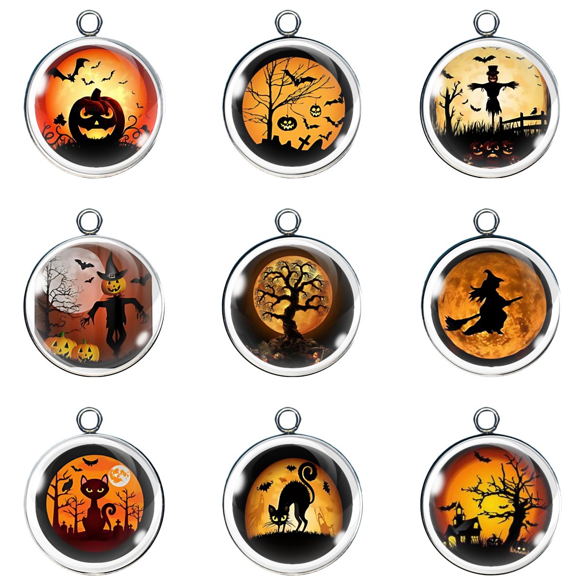 Halloween-themed glass cabochon charm collection with 9 spooky designs