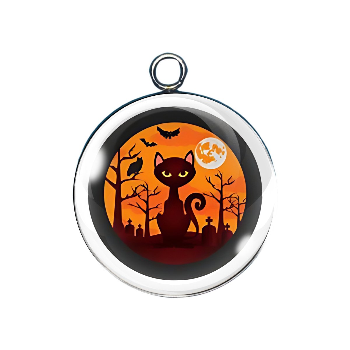 Red-eyed black cat charm with spooky forest background