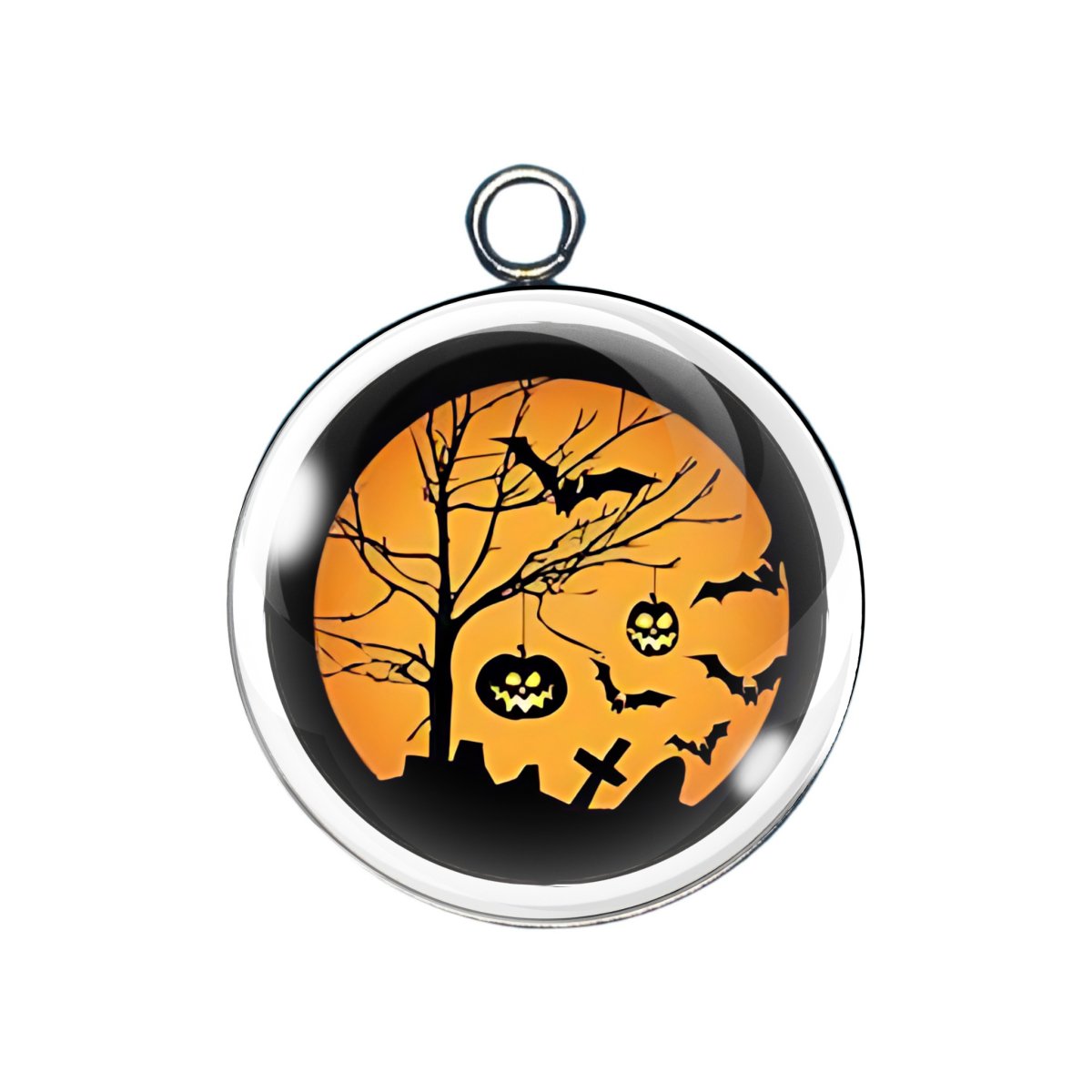 Graveyard charm with pumpkins hanging from trees