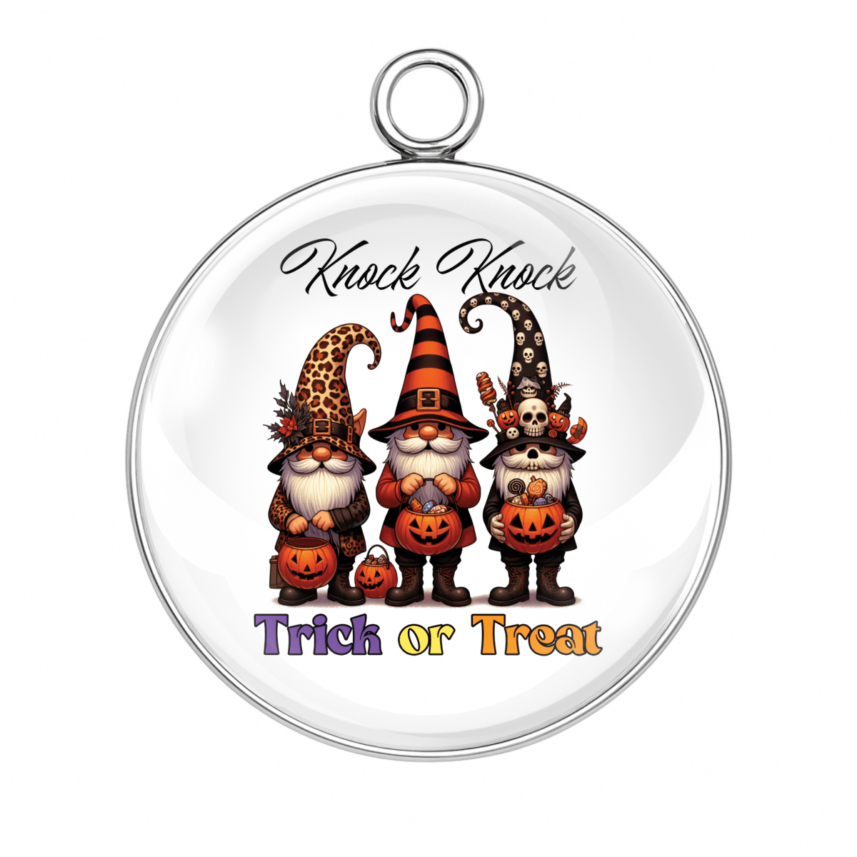 “Trick or Treat” charm with 3 Halloween gnomes in pumpkin hats