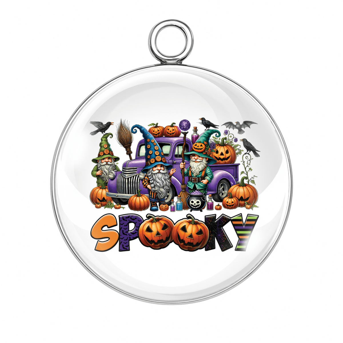 Trio of gnomes with jack-o’-lanterns spelling “Spooky” Halloween charm