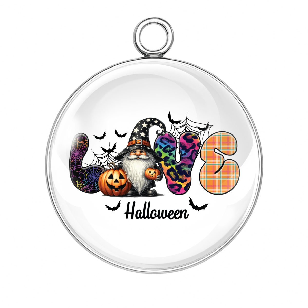 LOVE Halloween charm with plaid letters, gnome, bat, and pumpkin