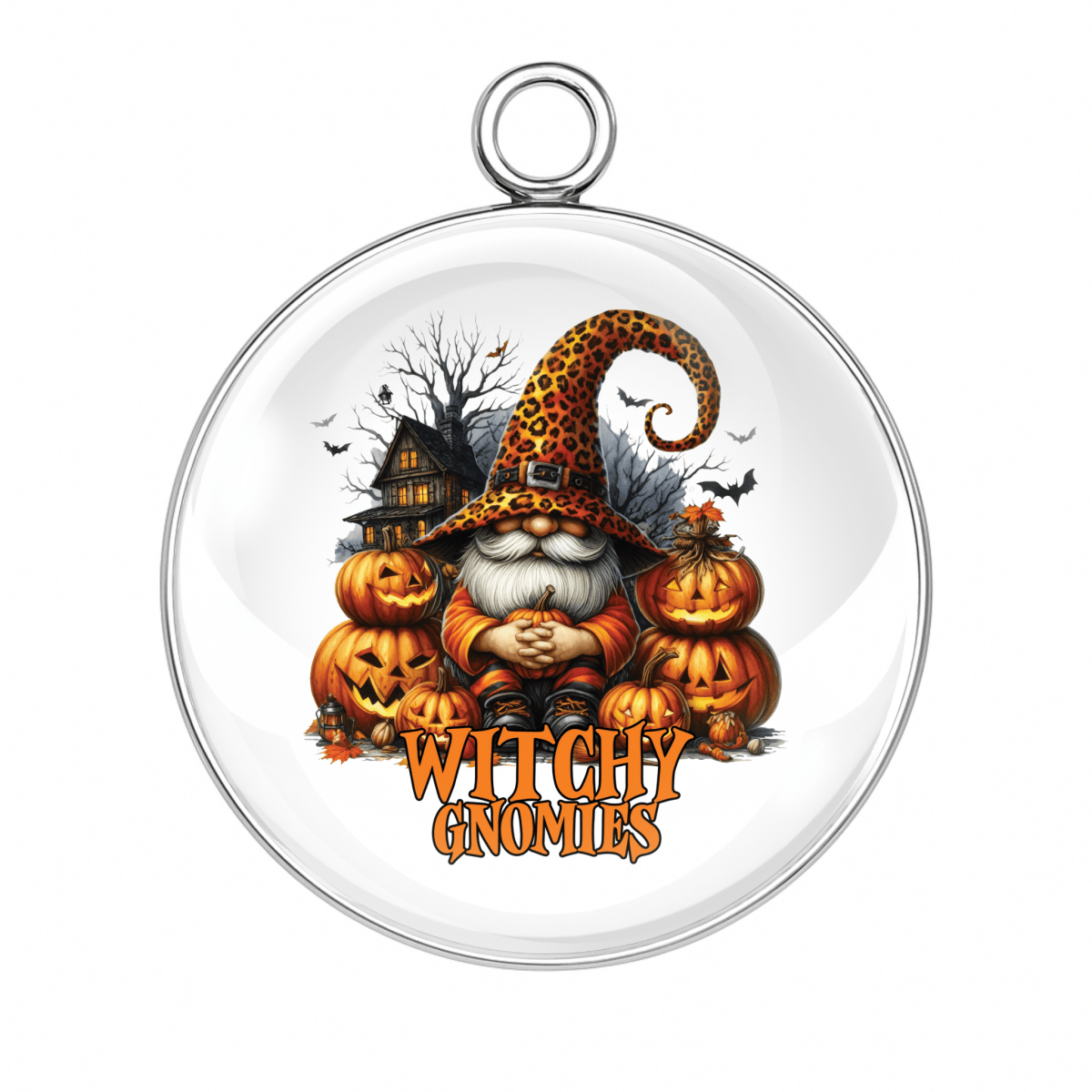 Witchy gnome in an orange hat with pumpkins and haunted house charm