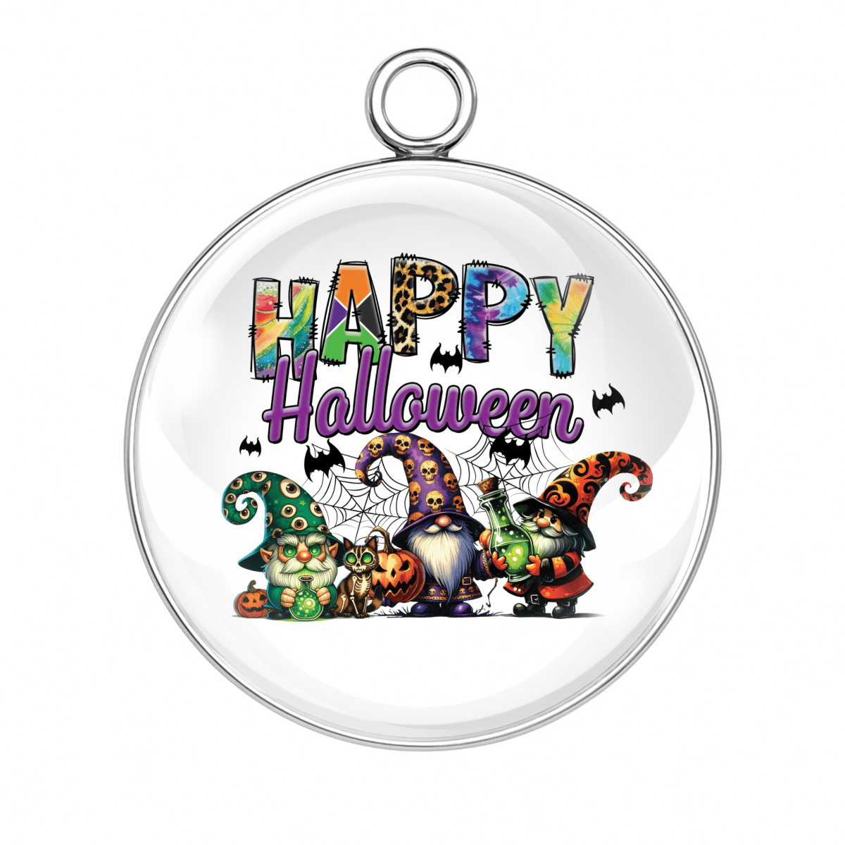 Two festive gnomes under colorful "Happy Halloween" letters charm
