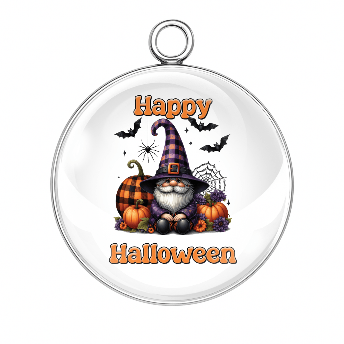 Halloween gnome witch with bats, moon, and pumpkins “Happy Halloween” charm