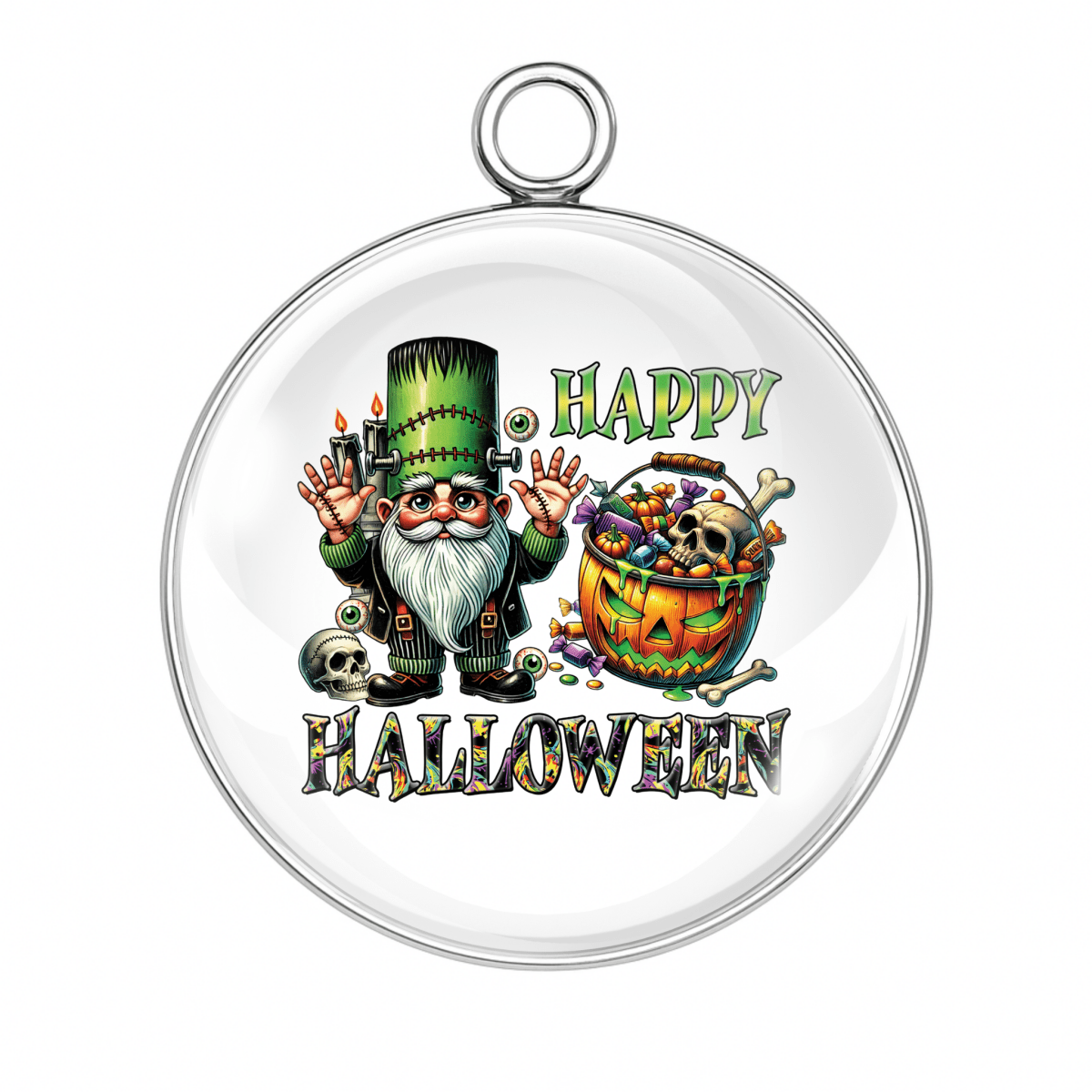 Green Frankenstein gnome with a candy cauldron and "Happy Halloween" text charm