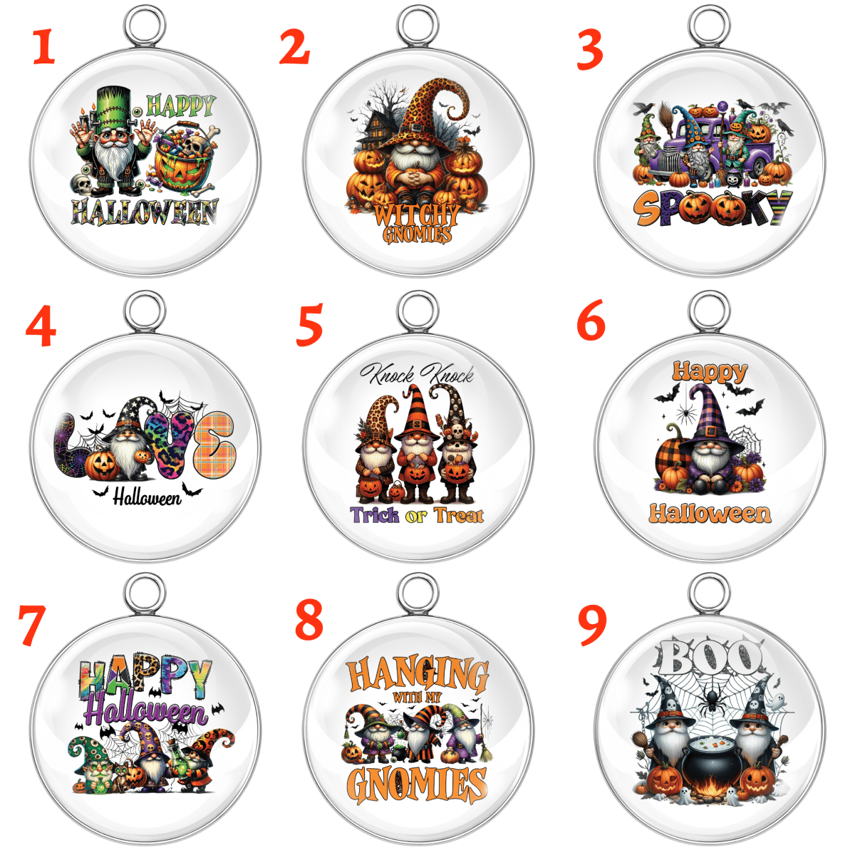 Set of 9 round Halloween-themed gnome glass cabochon charms with festive spooky designs including pumpkins, witches, ghosts, cauldrons, and bats.