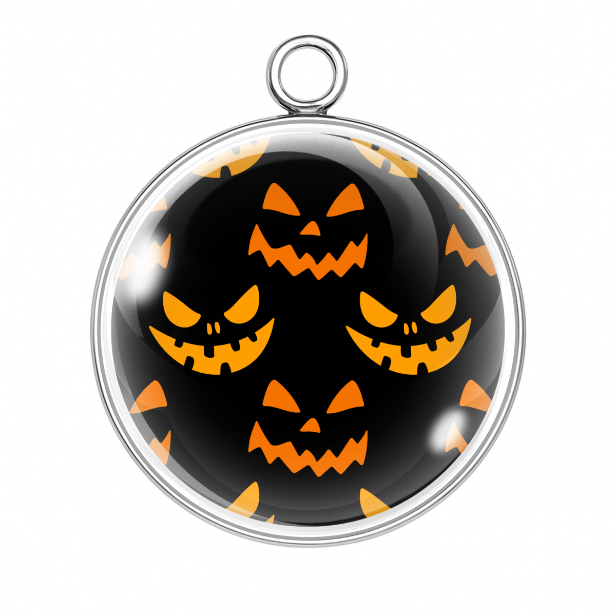 Black background charm with glowing orange jack-o'-lantern faces in repeating pattern
