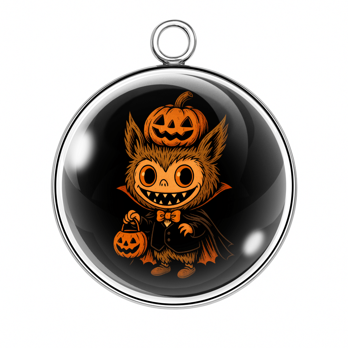 Pumpkin Vamp Labubu (Charm 1):
βCartoon Labubu vampire charm holding a pumpkin bucket with glowing orange accents on a black background.