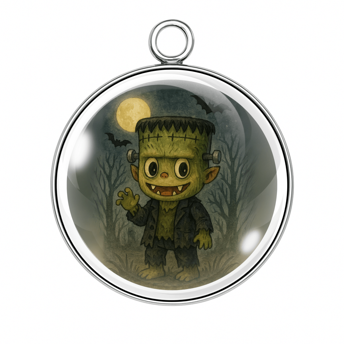 Franken-Labubu (Charm 9):
βLabubu in Frankenstein monster costume with bolts and green skin standing in foggy graveyard.β