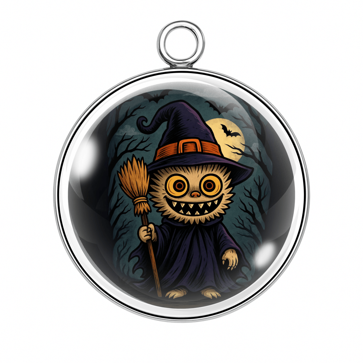 Scarecrow Witch Labubu (Charm 7):
βLabubu as a creepy scarecrow witch holding a broom with a stitched smile on a dark background.β