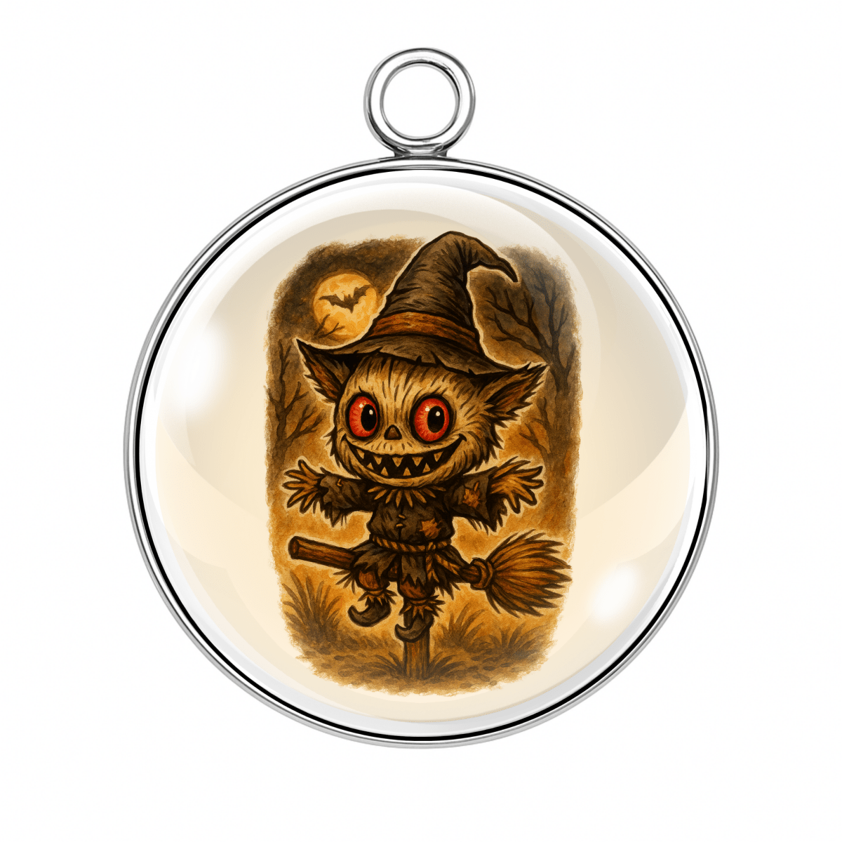 Broomstick Witch Labubu (Charm 3):
βLabubu dressed as a witch flying on a broom with glowing red eyes on a beige background.β