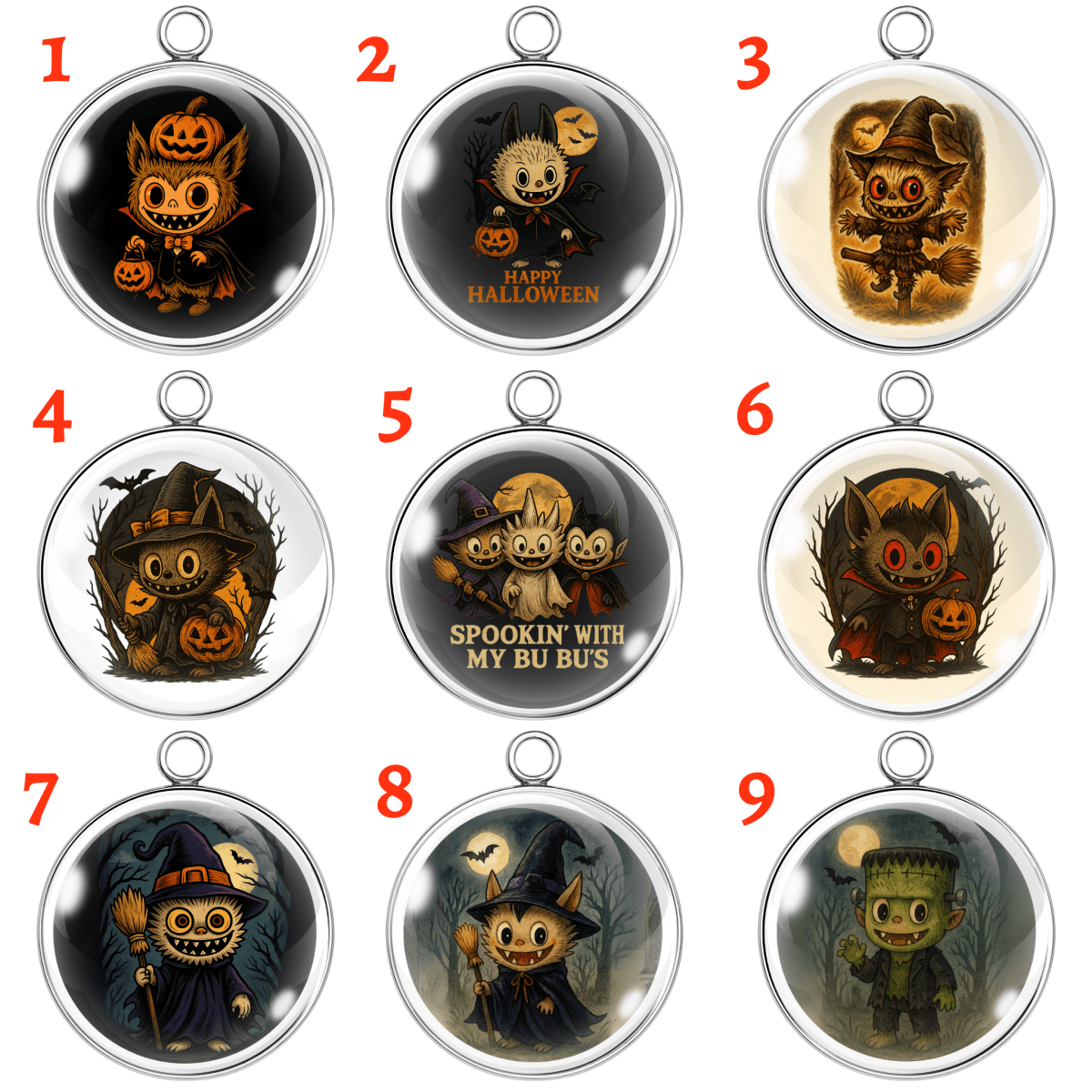 βSet of 9 spooky-cute Halloween Labubu charms featuring cartoon creatures in vampire, witch, scarecrow, and Frankenstein costumes on glass cabochons.β