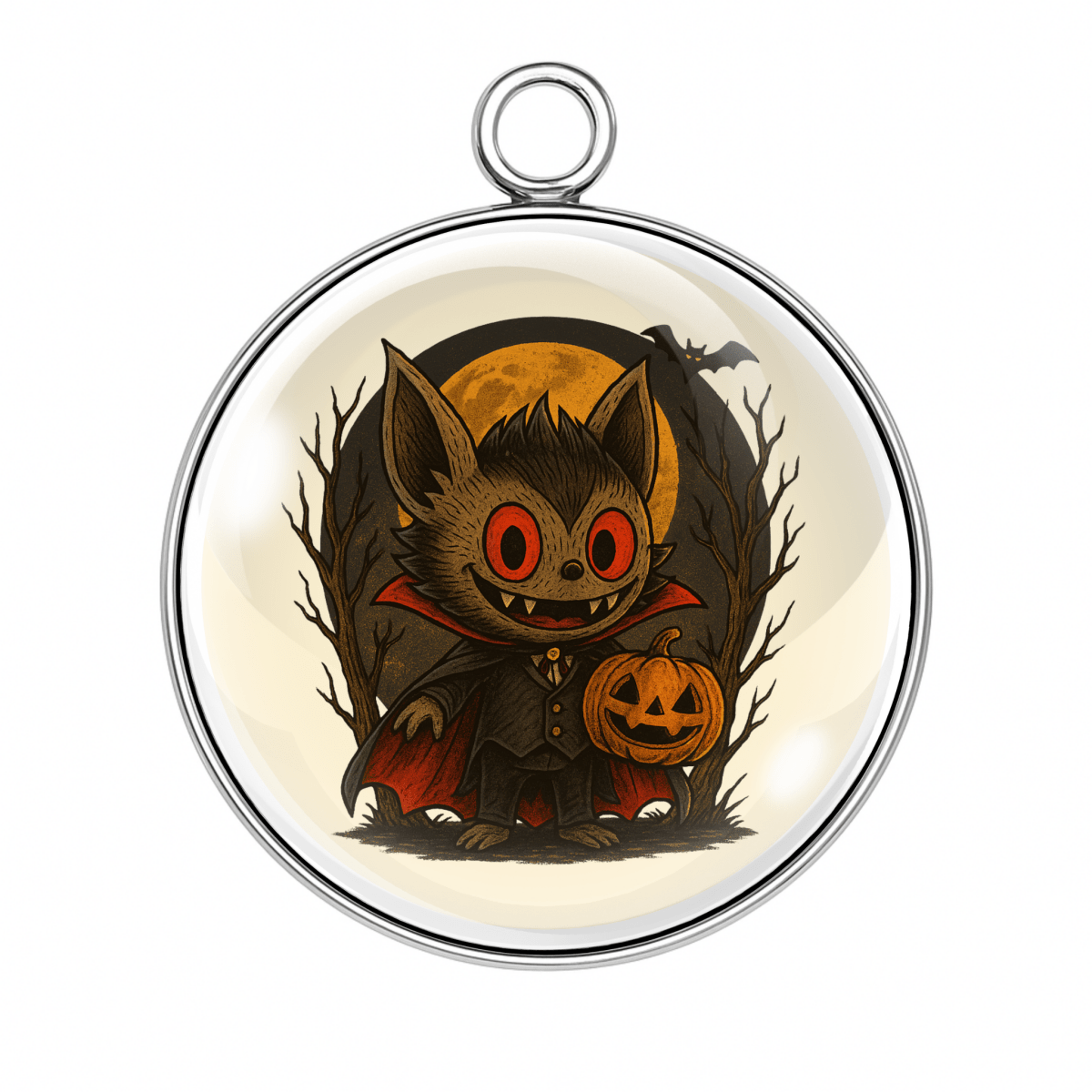 Red-Eyed Vampire Labubu (Charm 6):
βLabubu in vampire cape with glowing red eyes and pumpkin lantern against a moonlit forest scene.β