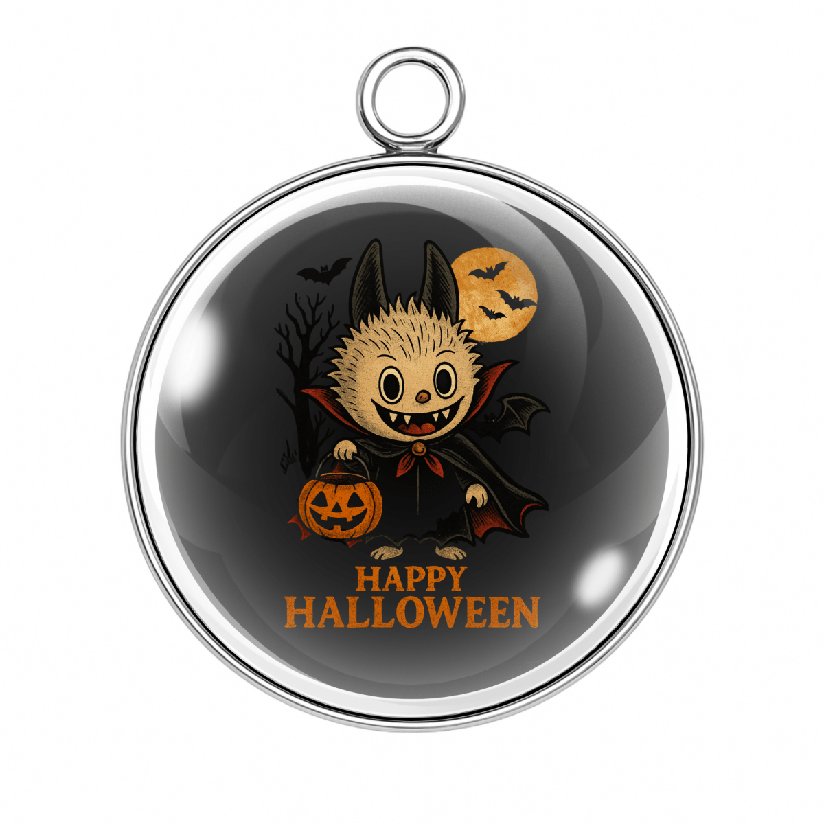 Flying Bat Labubu (Charm 2):
βLabubu in a bat costume flying under a full moon with text βHappy Halloweenβ on black cabochon.β