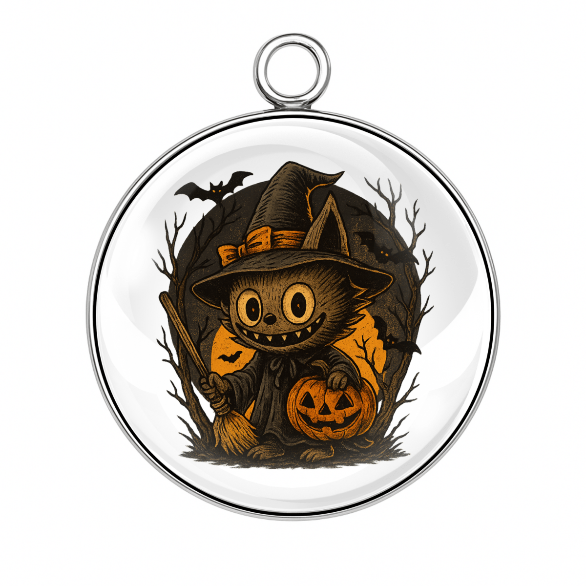Shadow Witch Labubu (Charm 4):
βLabubu witch in a haunted forest holding a jack-oβ-lantern with a spooky tree in the background.β
