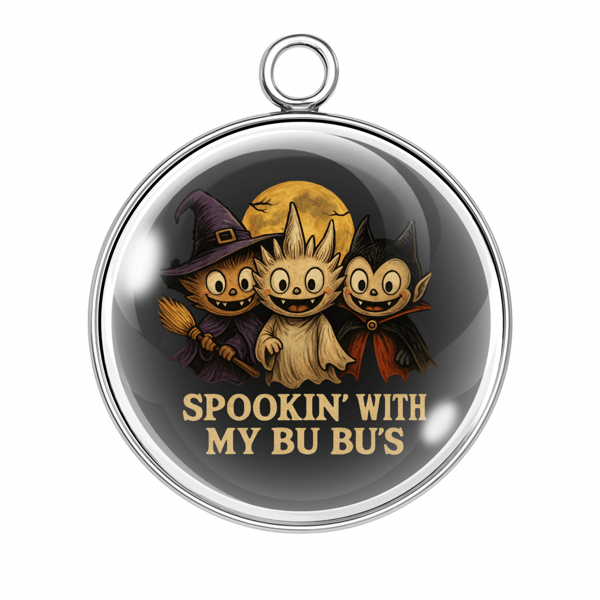 Spookin' With My Bu Buβs (Charm 5):
βThree Labubu characters in Halloween costumes with text βSpookinβ With My Bu Buβsβ in vintage font.β
