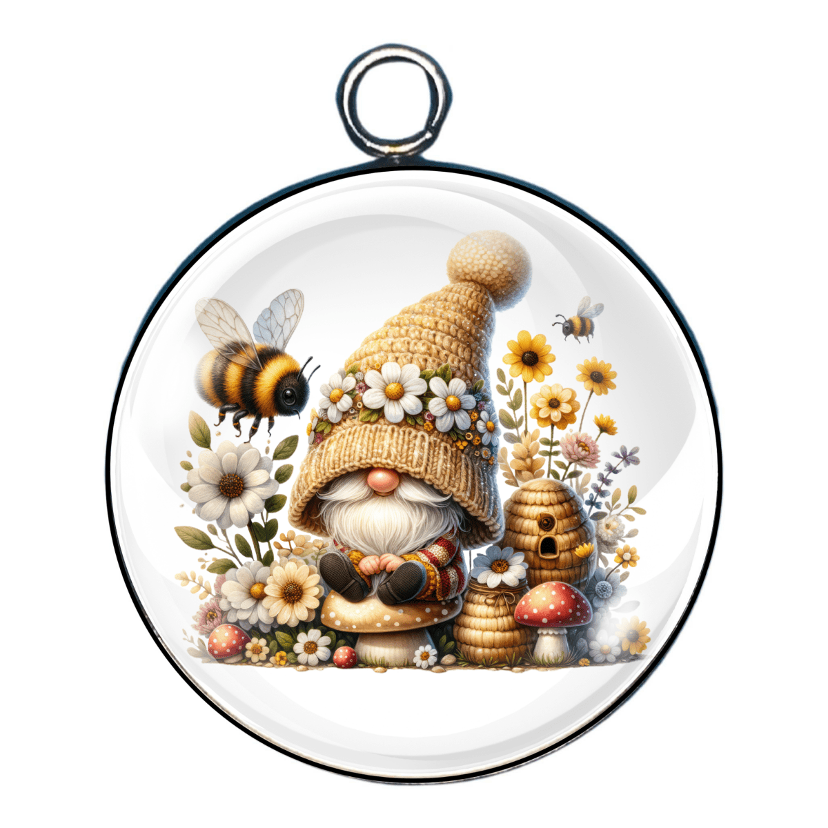 Happy gnome in daisy hat next to a buzzing beehive and honey jar, surrounded by sunflowers and flying bees.