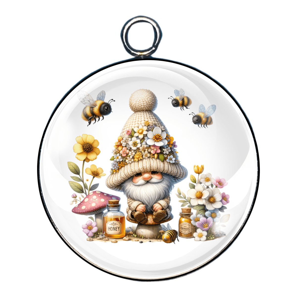 Chubby gnome wearing a sunflower hat, sitting between mushrooms and honey jars, surrounded by flying bees.