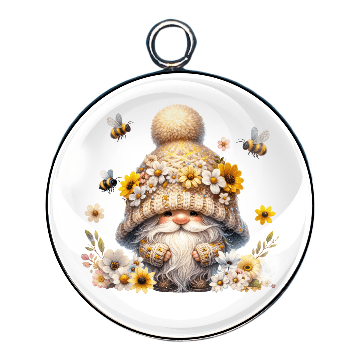 Gnome in fluffy pom-pom hat covered in daisies, surrounded by bees and yellow flowers – cheerful spring design.