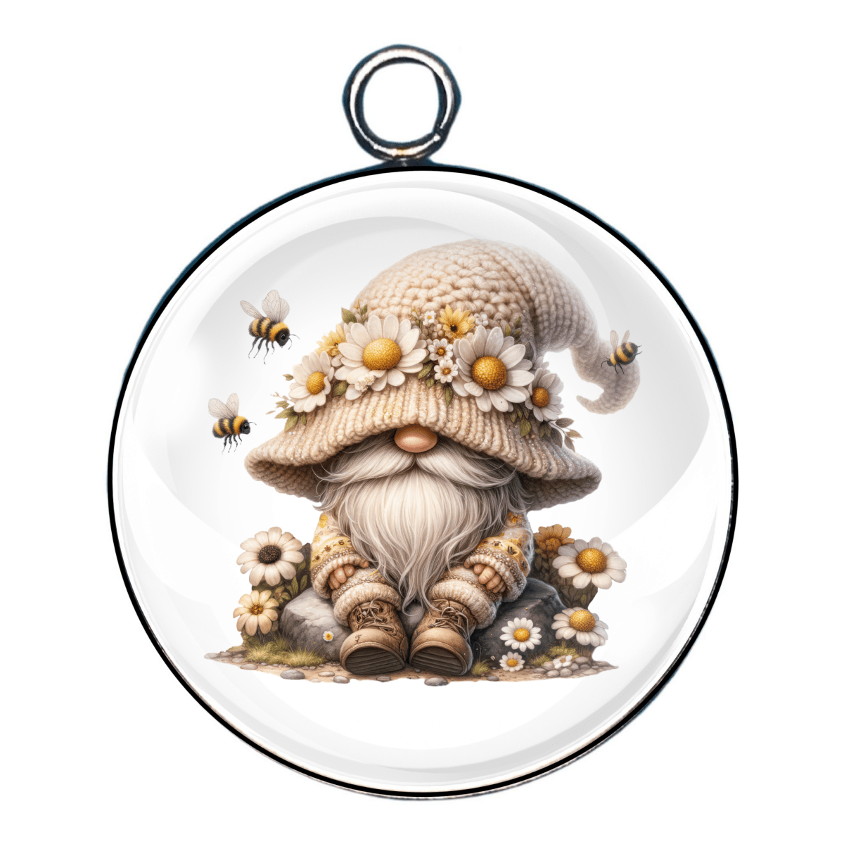 “Gnome with white knitted hat and flower crown, sitting peacefully with bees buzzing around – spring-themed charm.”