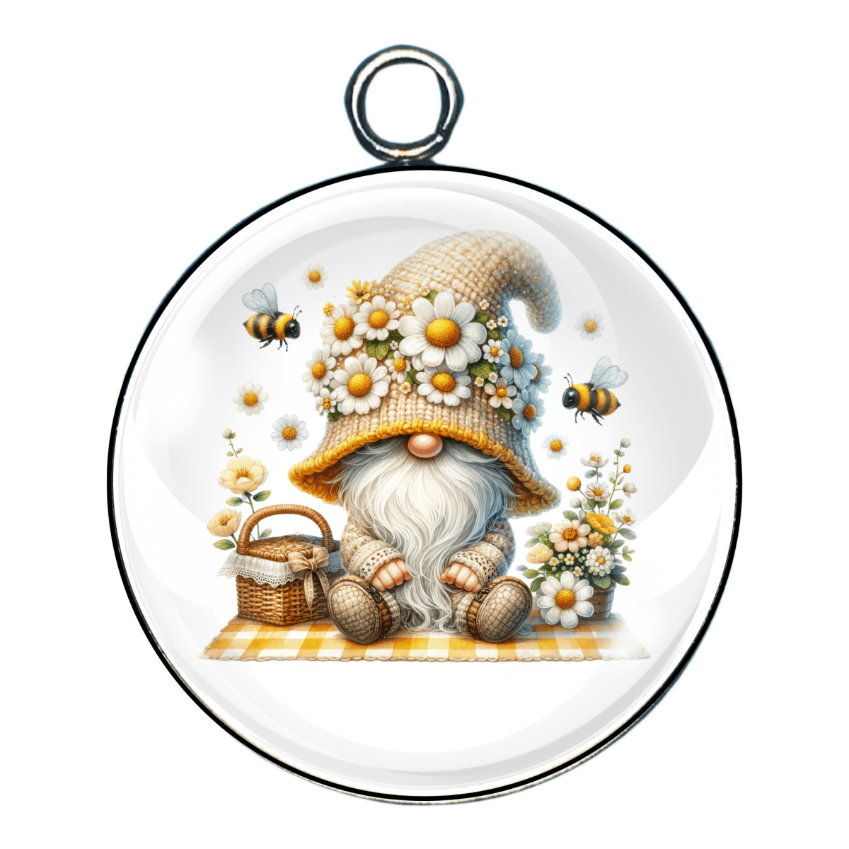Gnome with a flower crown and honey pot, seated on a yellow gingham cloth with bees hovering nearby.