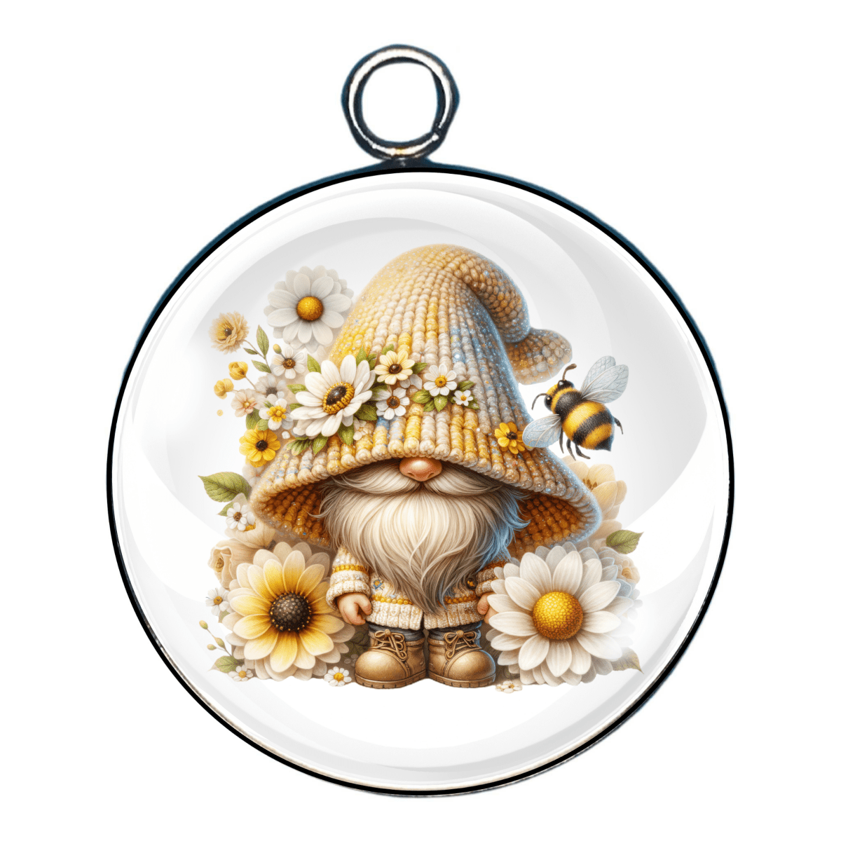 Smiling gnome with a yellow and orange striped hat, holding a daisy with floral accents and bees flying above.