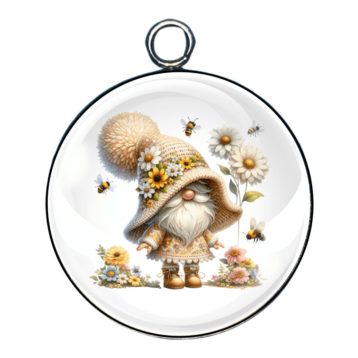 Gnome with a tall white hat and daisy decorations, playing with bees above a spring flower patch.