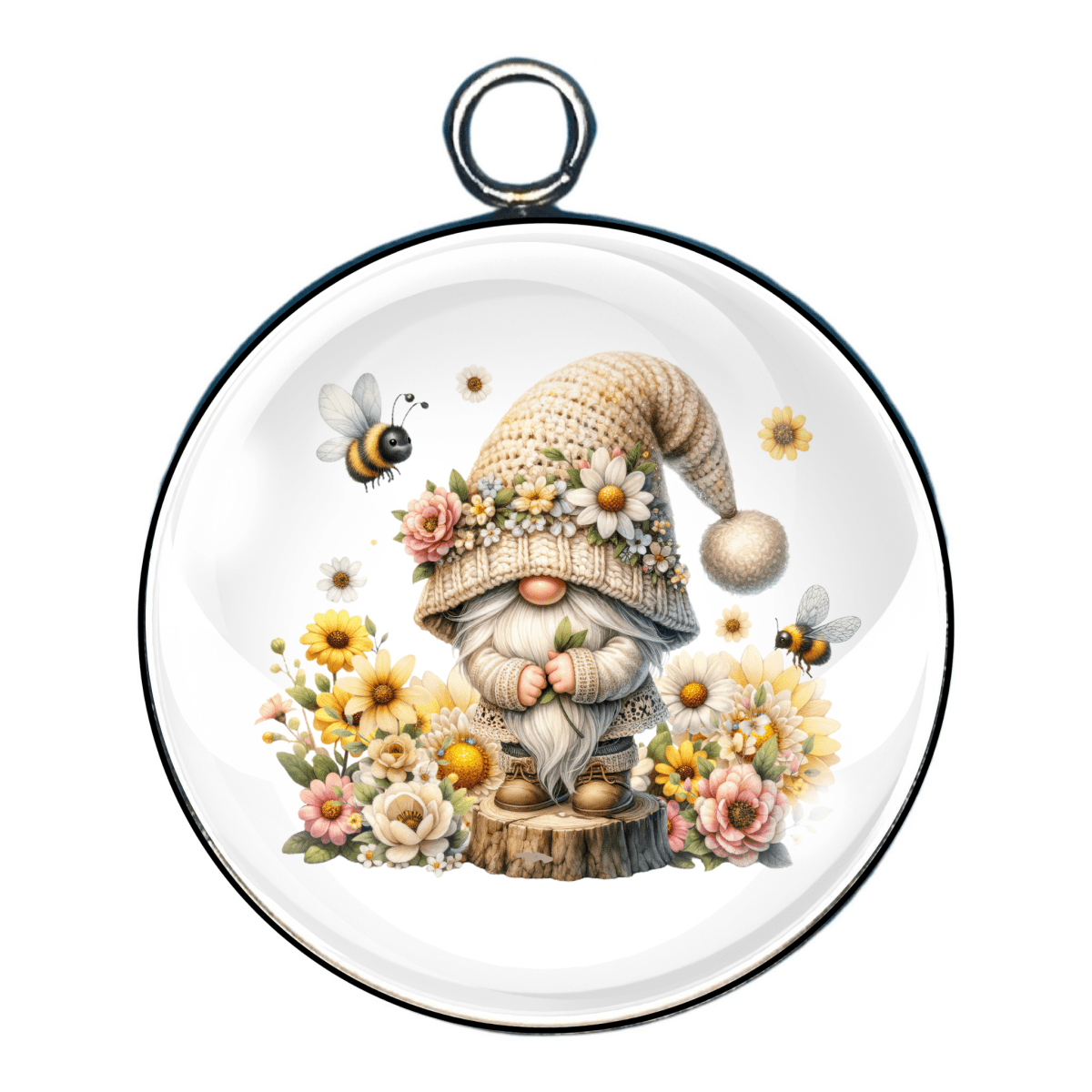 Bearded gnome in a floppy beige hat with bees circling, sitting next to a pastel pink flower bouquet.