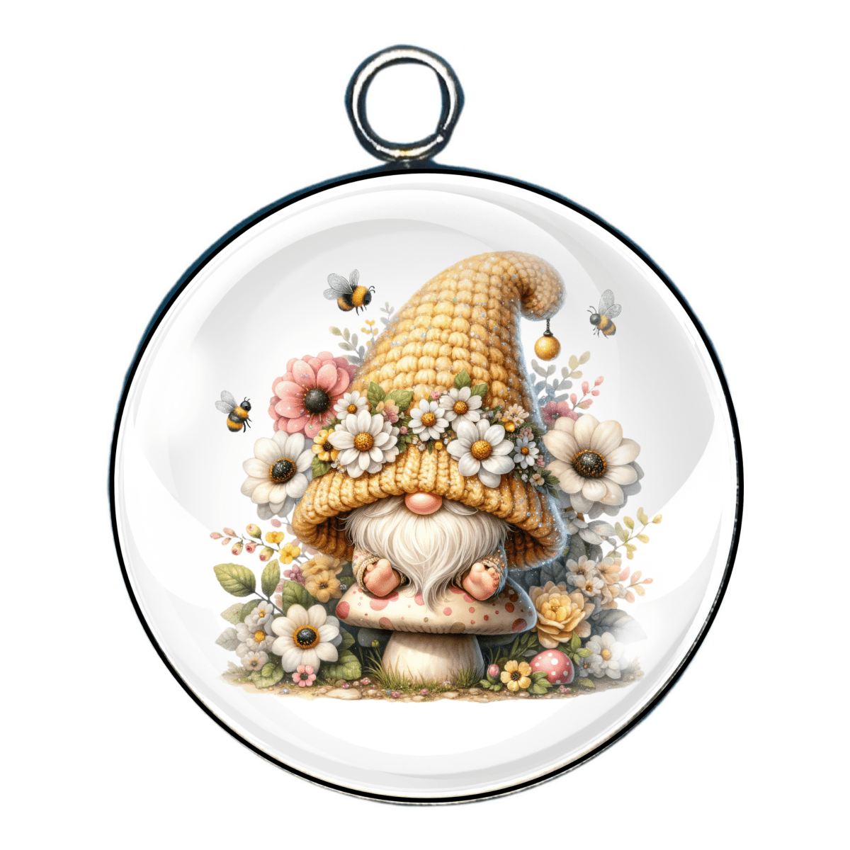 Shy gnome in a honeycomb-textured yellow hat with daisies, surrounded by white blossoms and tiny bees.