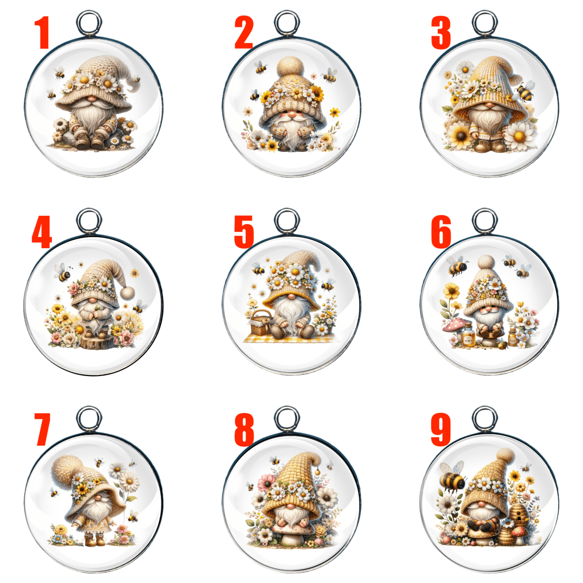 “Spring Bumble Bee Gnome Charm Collection – 9 adorable handcrafted glass cabochon charms featuring whimsical gnomes with bees, flowers, and spring-themed props. Each design is numbered for selection and set in a round stainless steel base, available in silver or gold.”