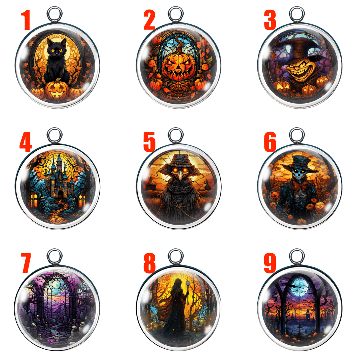 "Grid of 9 Halloween-themed glass cabochon charms featuring black cats, jack-o'-lanterns, scarecrows, witches, haunted houses, and gothic scenery"
