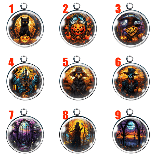 "Grid of 9 Halloween-themed glass cabochon charms featuring black cats, jack-o'-lanterns, scarecrows, witches, haunted houses, and gothic scenery"