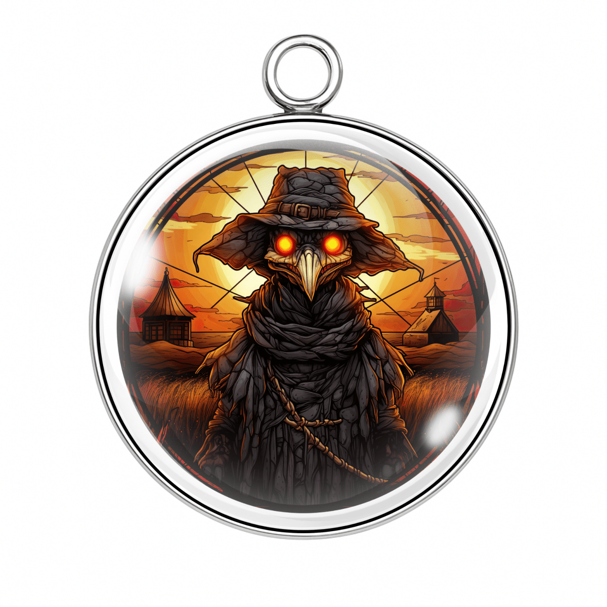 Scarecrow with glowing eyes charm β Menacing scarecrow with glowing orange eyes and stitched hat in dark field