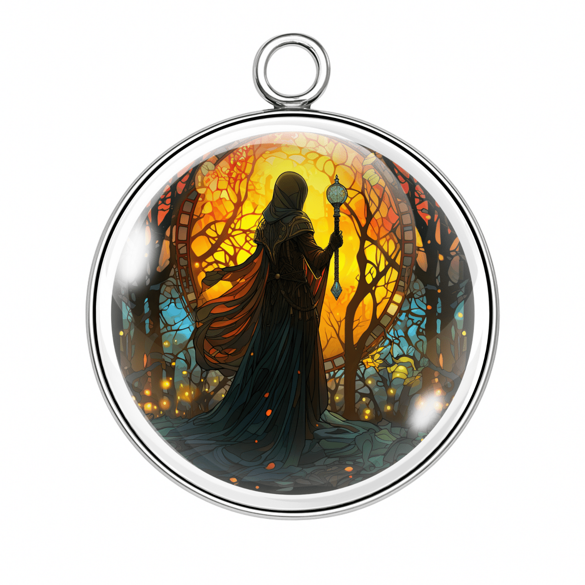 Hooded witch charm β Silhouetted witch holding staff, walking through fiery autumn forest at sunset