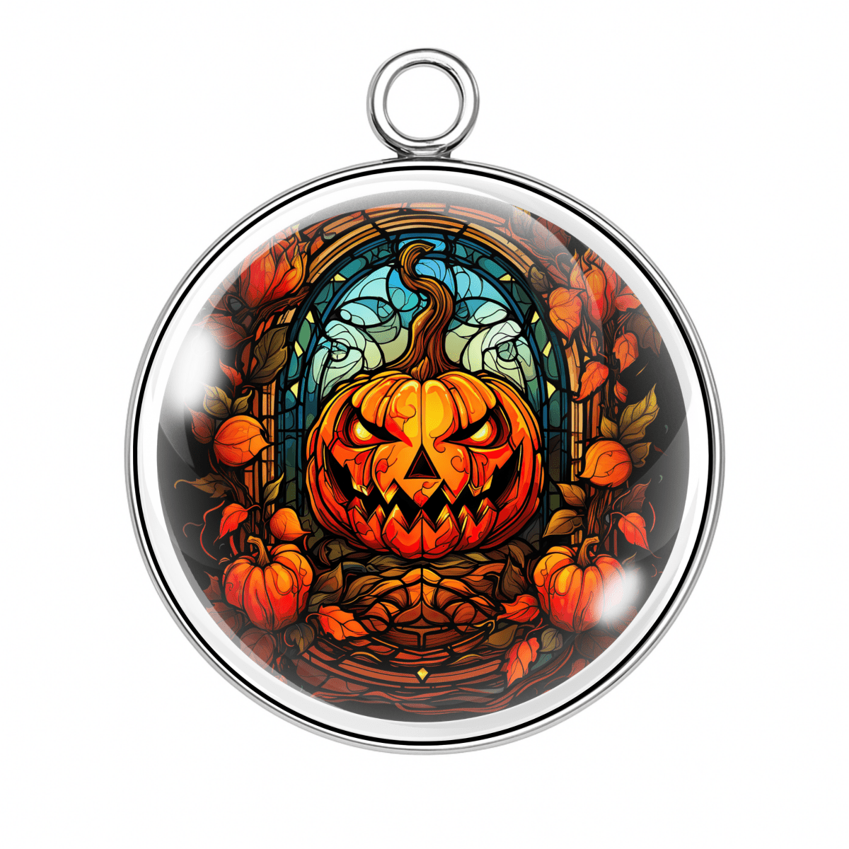 Jack-o'-lantern arch charm β Fiery pumpkin face with swirling vines and gothic arch, glowing Halloween theme