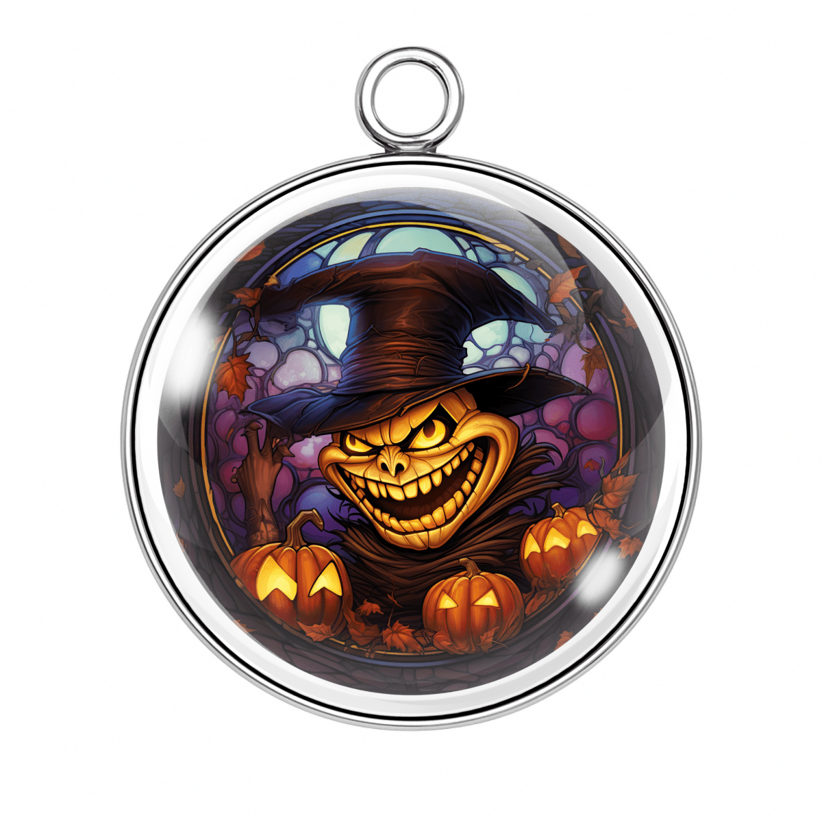 Grinning pumpkin head charm β Wicked jack-o'-lantern face in shadows, creepy Halloween night setting