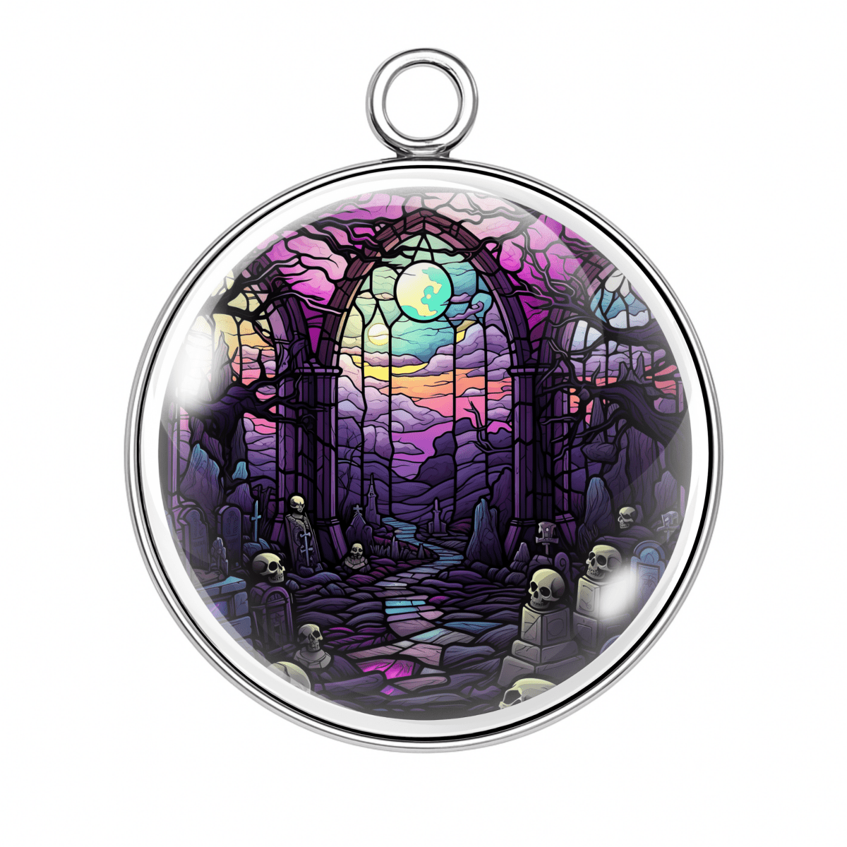 Graveyard moonlit charm β Purple-hued graveyard with glowing moon and crumbling gothic ruins