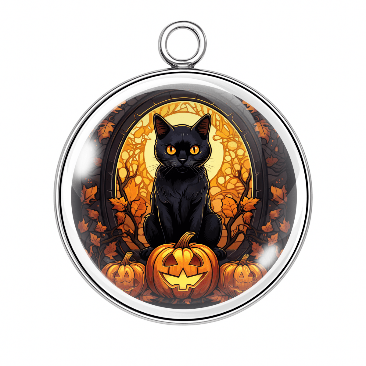 Black cat charm β Black cat with glowing eyes sitting on a pumpkin surrounded by autumn leaves in stained glass style