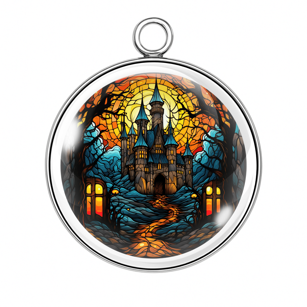 Haunted castle charm β Spooky castle with glowing windows on winding path, framed in stained glass