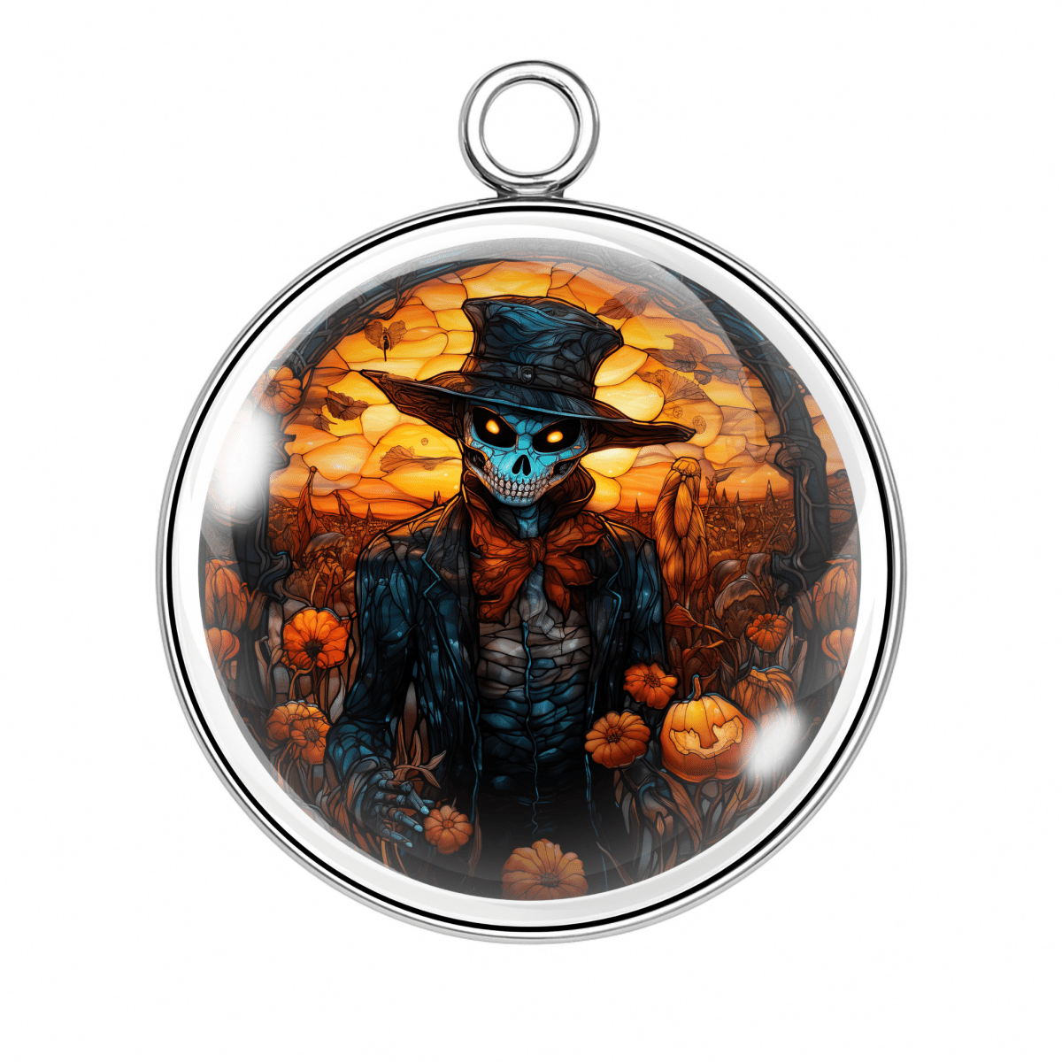 Blue-faced scarecrow charm β Elegant scarecrow in formal wear surrounded by pumpkins under orange sky