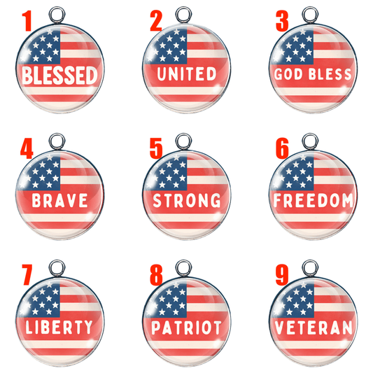 Stars & Stripes Patriotic Word Charms – American Flag Glass Cabochons in 14mm, 18mm, 25mm | BLESSED, STRONG, VETERAN & More
