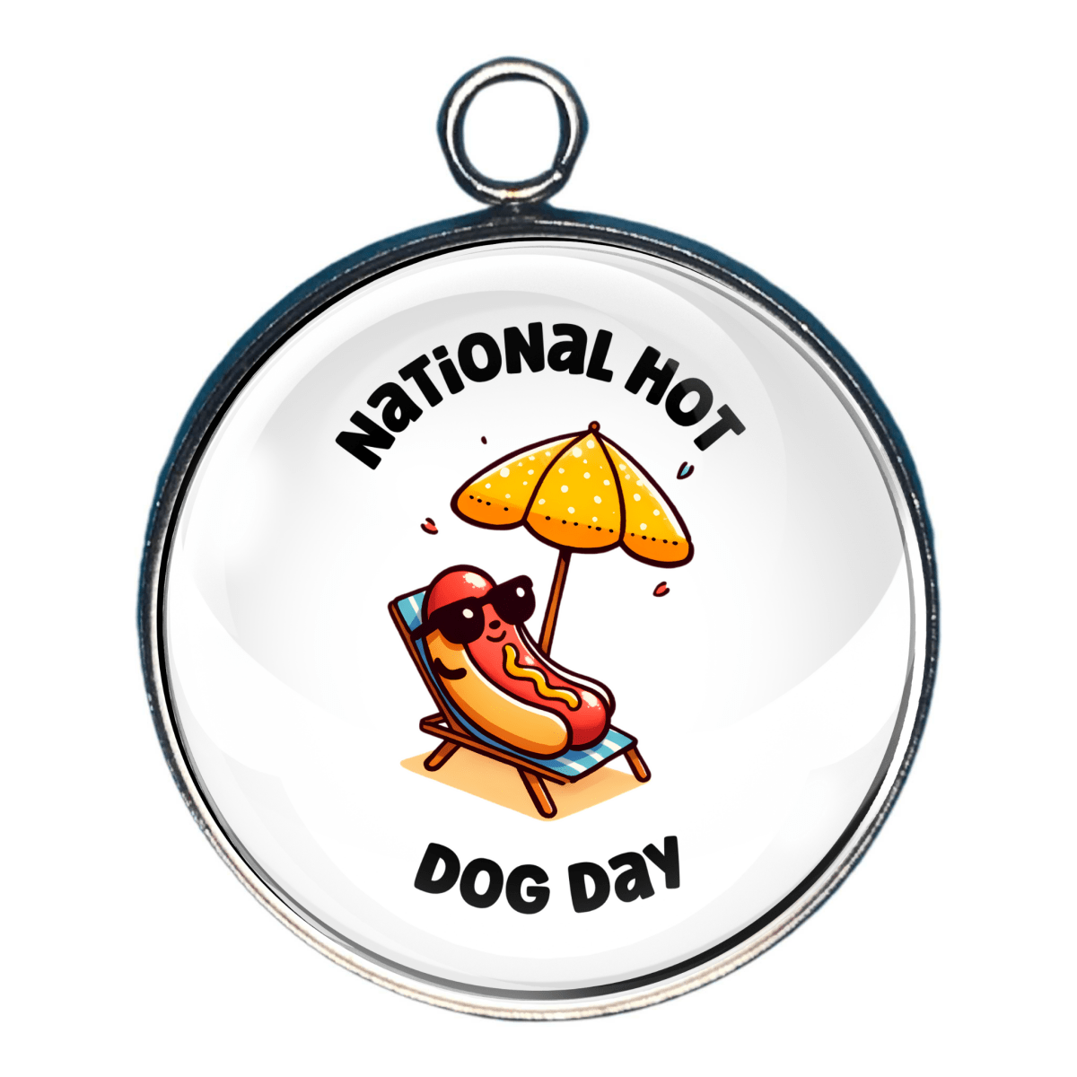 Charm of a hot dog on the beach with the words 'national hot dog day'