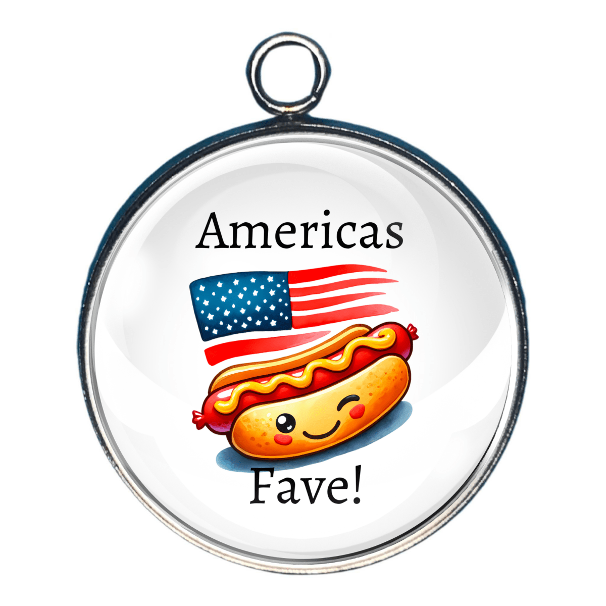 Charm of a hot dog with a flag and the wording 'Americas Fave!'