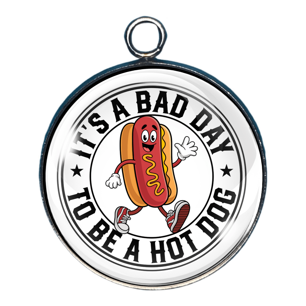 Charm of a hotdog running and the wording 'it's a bad day to be a hot dog'
